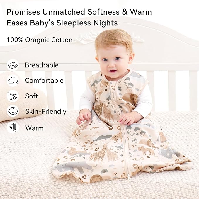 Baby Sleep Sack 12-18 Months 0.5 Tog Wearable Blanket Baby, 3 Pack 100% Cotton Lightweight Sleeping Sack with 2-Way Zipper for Infant Toddler Apricot Gray Green Elephant