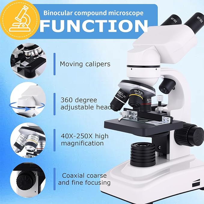 Binocular Microscope Magnification 40X-2500X, WF10x and WF25x Eyepieces, Dual LED Illumination, Suitable for Schools Home Labs Educational Adult Microscope