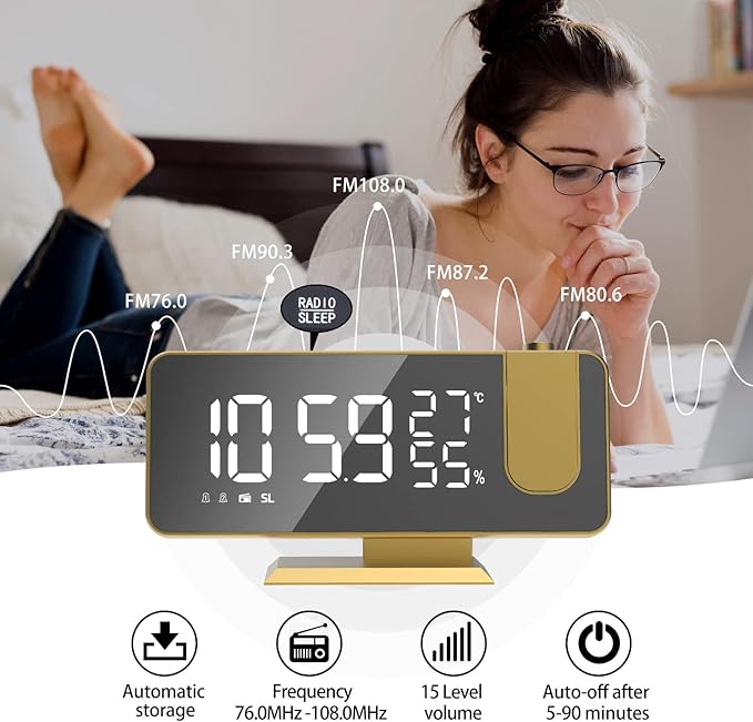 Projection Digital Alarm Clock for Bedrooms, Alarm Clock Radio on Ceiling, USB Charger Port, Temperature & Humidity Display, 7.3” Large Mirror LED Display,12/24H,Snooze,Dual Loud Clock- 4 Dimmer