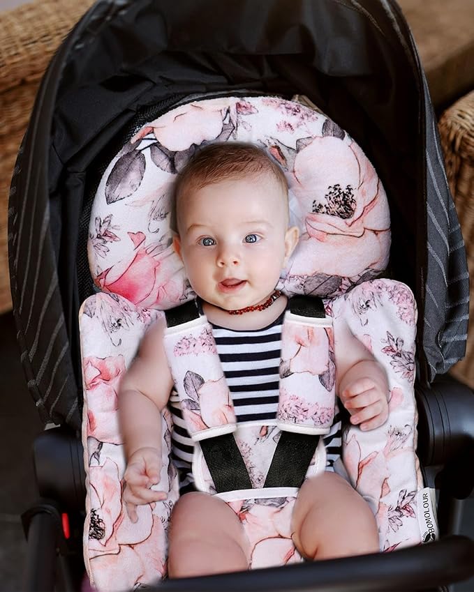 Infant Car Seat Insert, Enlarged Head Support for Baby Carseat, Reversible Newborn Insert with 3 Strap Covers, 2-in-1 Baby Car Seat Cushion for Stroller, Swing, Bouncer, Rocker - Pink Floral