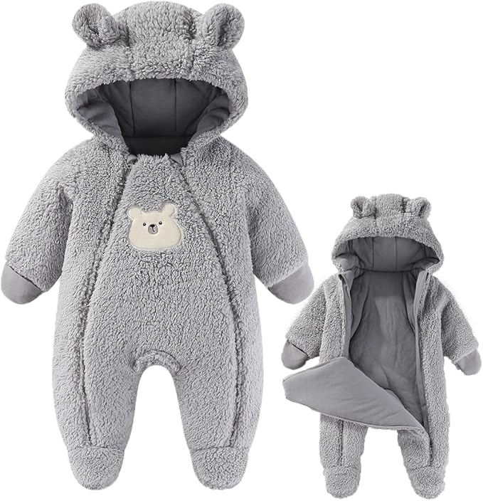 Fairy Baby Newborn Baby Winter Snowsuit Bear Thick Romper Footie Double Zip Hooded Jumpsuit Fleece Coat Infant Boy Girl 0-12M