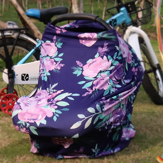 Carseat Cover Girls, Multiuse - Nursing Breastfeeding Covers, Purple Flower Theme, Car seat Canopy, Stretchy Soft Breathable