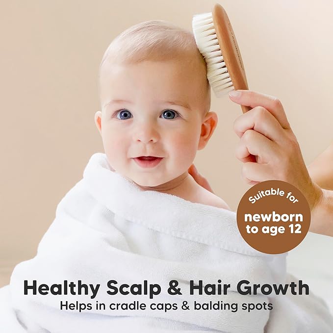 Baby Hair Brush and Comb Set for Newborn - Wooden Baby Hair Brush Set with Soft Goat Bristle, Baby Brush Set for Newborns, Baby Brush and Comb Set Girl, Boy, Toddler Cradle Cap Brush(Oval, Golden Oak)