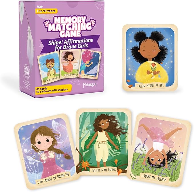 Menique Shine Memory Matching Game – 80 Cards (40 Pairs) with Positive Affirmations for Brave Girls – Motivational & Mindful Matching Game for Confidence and Self-Love