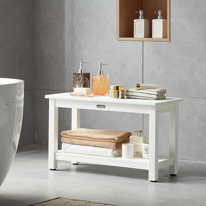 30'' Heavy Duty Shower Bench for Inside Shower, White Poly Bath Stool for Shaving Legs, Waterproof Spa Bath Chair Seat with Adjustable Feet, Non-Slip, Weight Capacity 700LBS (30 x 13 Inches)