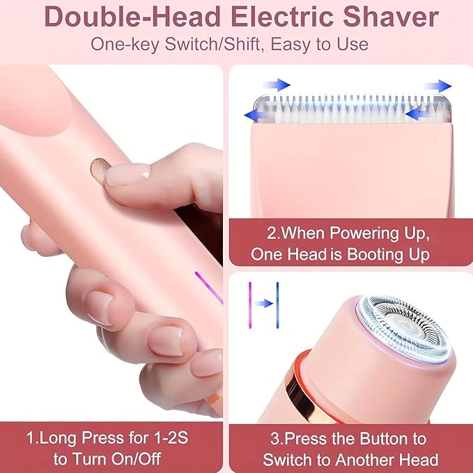 2025 Womens Shaver Dual-Head Bikini Trimmer for Women 2-in-1 Women's Body Shaver USB Charge Waterproof Painless Electric Razors for Silk Skin (Pink)
