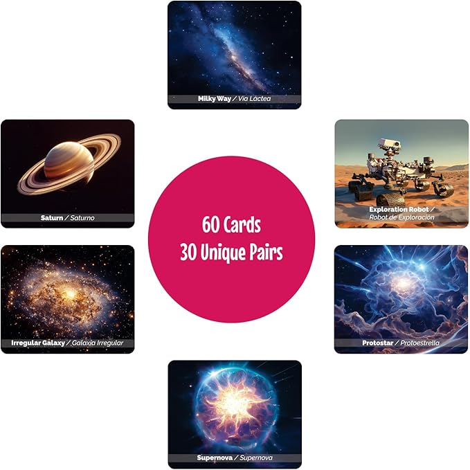 Menique Universe Memory Matching Game – 60 Cards (30 Pairs) – Bilingual Space Game with Planets, Stars & More – Educational for Kids and Adults