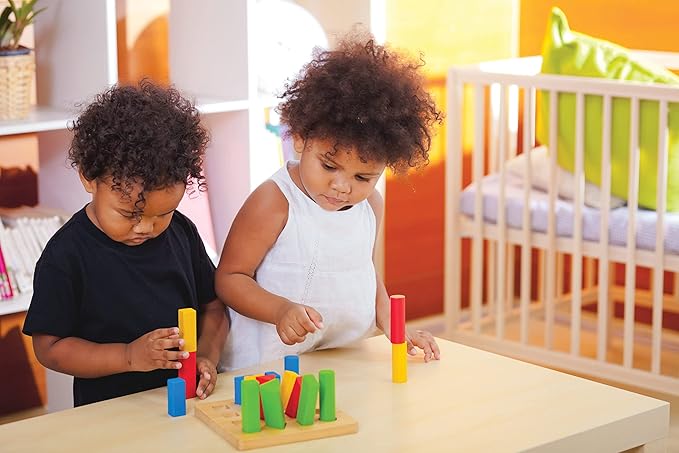 PlanToys Wooden Sorting and Stacking Geometric Peg Board (5125) | Sustainably Made from Rubberwood and Non-Toxic Paints and Dyes
