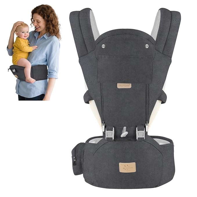 FRUITEAM Baby Carrier Newborn to Toddler, 6-in-1 Ergonomic & Adjustable Baby Carrier with Lumbar Support for All Seasons, Hands-Free, Adapt to Newborn, Infant & Toddler (Grey)