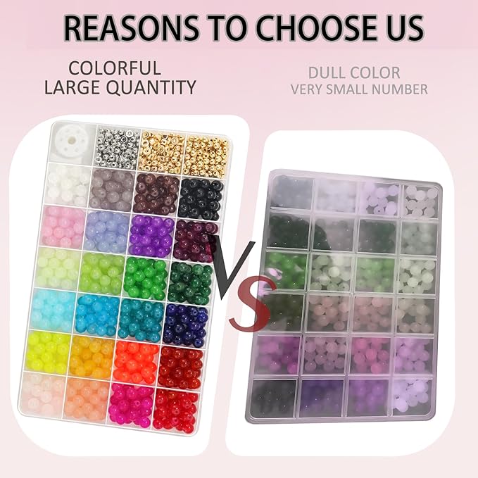 JULIMAIDONG 8mm Glass Beads for Bracelets 1000pcs, 24 Colors Round Crystal Glass Bracelet Beads Making Kit for Jewelry Making Kits Bead DIY Crafts with Spacer Charms Accessories (8MM, 24 Color)