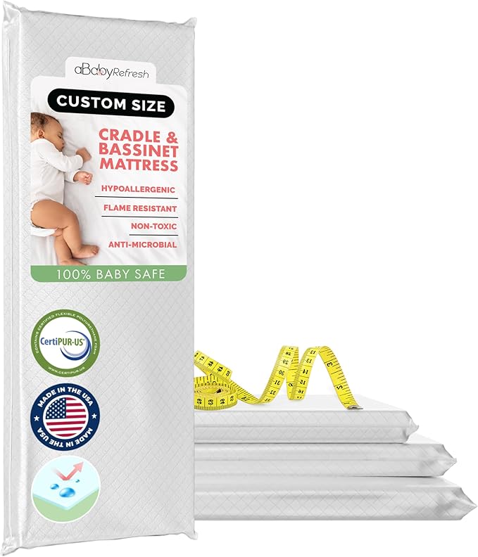 Custom Size Cradle Baby Mattress and Bassinet Mattress – Firm Foam Baby Bed with Waterproof Vinyl Cover – Non-Toxic Hypoallergenic Cushion Pad Replacement for Infant Bed