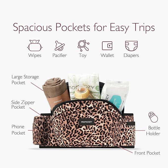 Momcozy Hip Seat Baby Carrier - Adjustable Waistband with Original 3D Belly Protector, Ergonomic Carrier with Various Pockets for Newborns & Toddlers up to 45lbs (Leopard, Large)