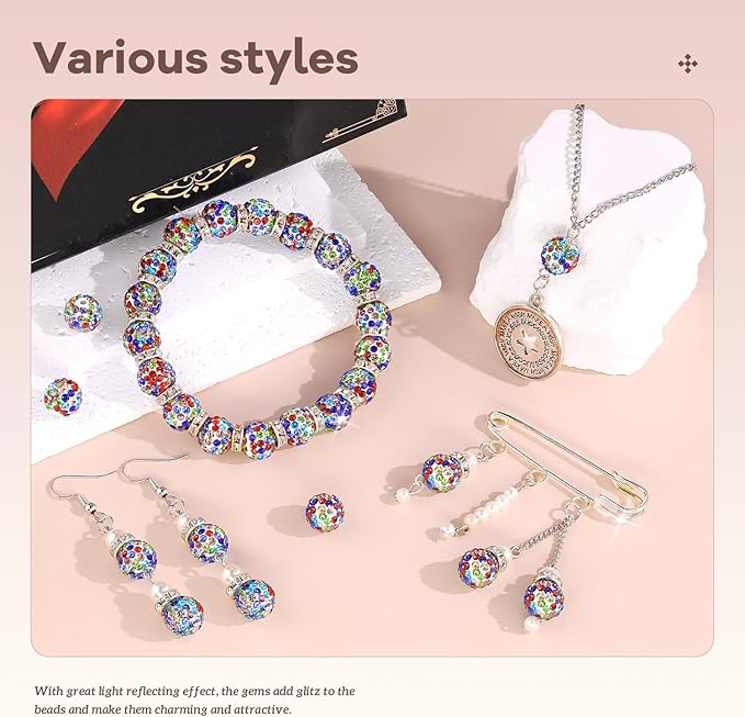 160pcs 10mm Rhinestone Beads for Jewelry Making, White Mixed Shiny Round Disco Ball Beads Bulk, Sparkle Crystal Clay Christmas for Bracelet Baseball Necklace Earring Crafting and DIY