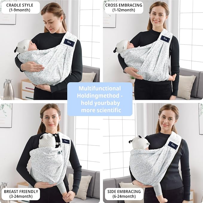 CUBY Wrap Baby Sling Carrier, Baby Wraps Sling Carrier Adjustable Breathable Lightweight Easy to Wearing - Baby Slings for Newborn Infant Toddler Front & Hip Carry Up to 40lbs (Blue Flower)