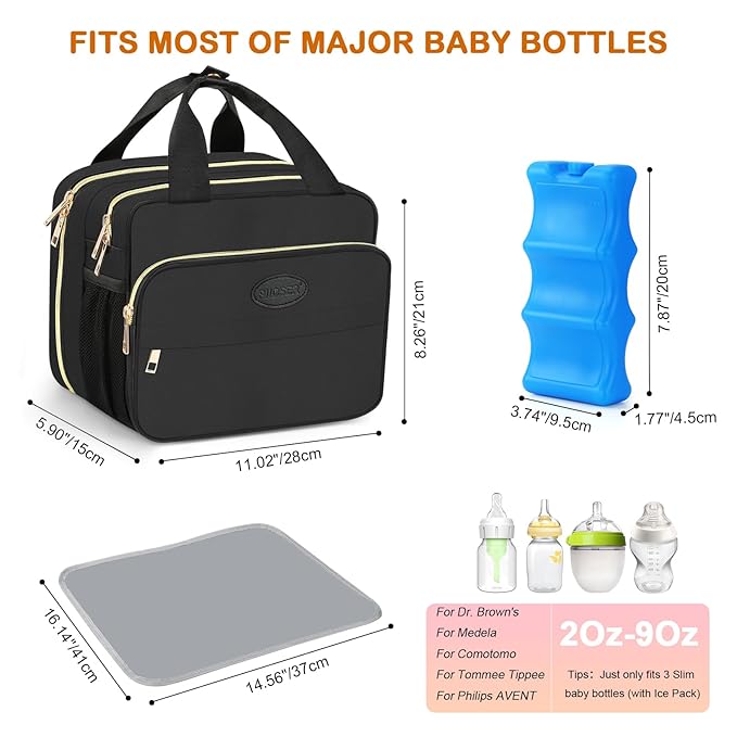 PIIOSER Insulated Baby Bottle Bag with Ice Pack, Breastmilk Cooler Compatible with Wearable Breast Pumps & Accessories - Breastfeeding On The Go Travel for Nursing & Working Moms, Black