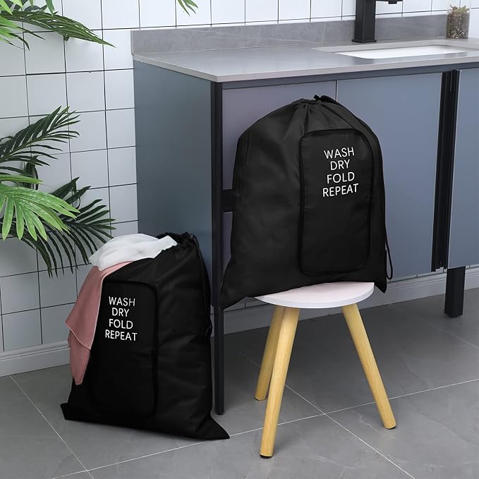 2 Pcs Travel Laundry Bag Washable Dirty Clothes Bag with Drawstring and Zipper for Suitcase, 22 x 18 Inch (Black,Classic)