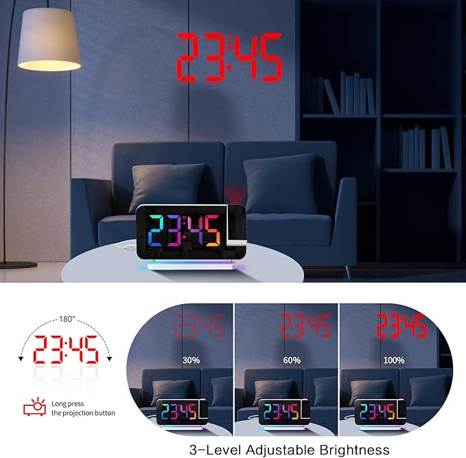Projection Alarm Clock for Bedroom Ceiling,RGB Digital Clocks with 10 Colors RGB Night Light,Loud Alarm Clock for Heavy Sleepers,USB C Charger Port,Snooze,12/24H,Auto Dimming