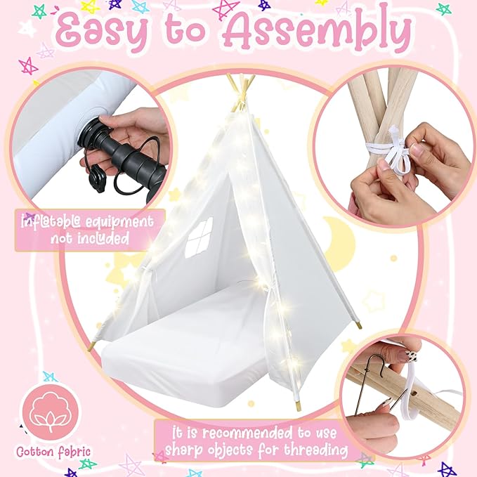 2 Pack Kids Teepee Tent with Mattress,Fitted Sheet,Light String,Washable Natural Cotton Toddler Play Tent for Girls Boys Indoor Outdoor Sleepover Slumber Birthday Party(White)