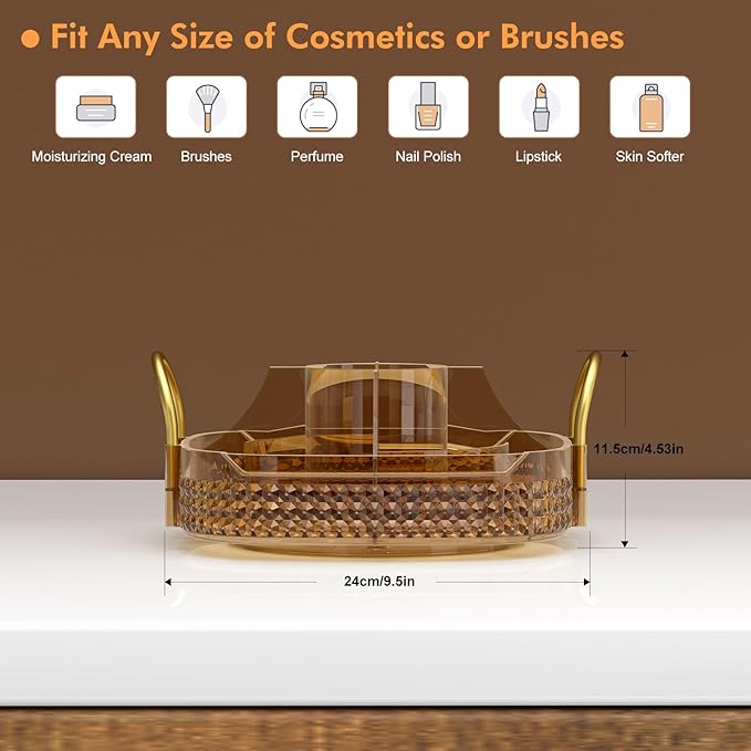 Awenia Rotating Makeup Organizer 360, Stackable Adjustable Large Capacity Cosmetic Storage Unit,Dresser Bathroom Kitchen Countertop Organizer with Metal Handle, Plus Size (Honorable Gold, 1 Tier)