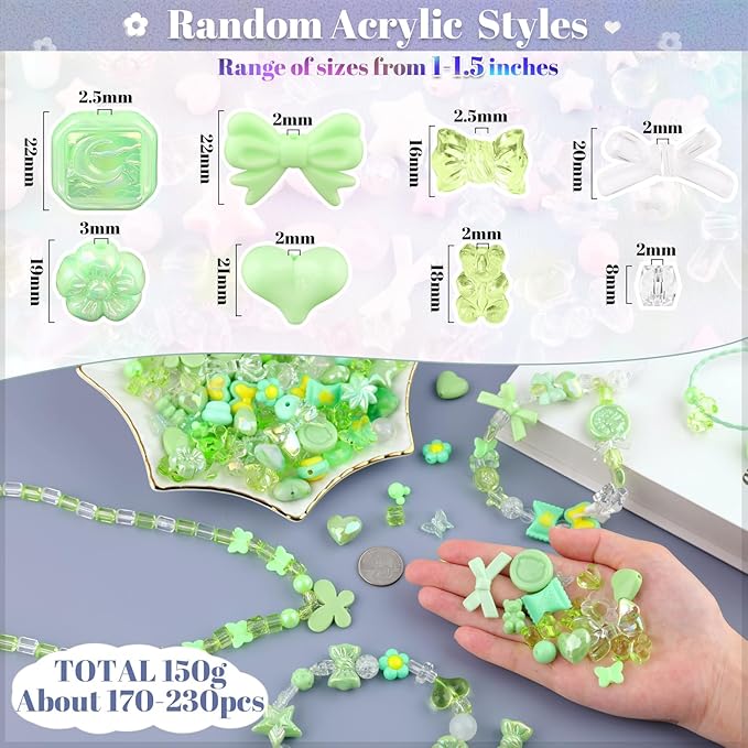 Assorted 170-230PCS Green Acrylic Beads for Bracelet Making, Flower Bow Butterfly Candy GummyBear Aesthetic Bracelet Charms,Cute Beads for Jewelry Making DIY Necklace Keychain Phone Charm