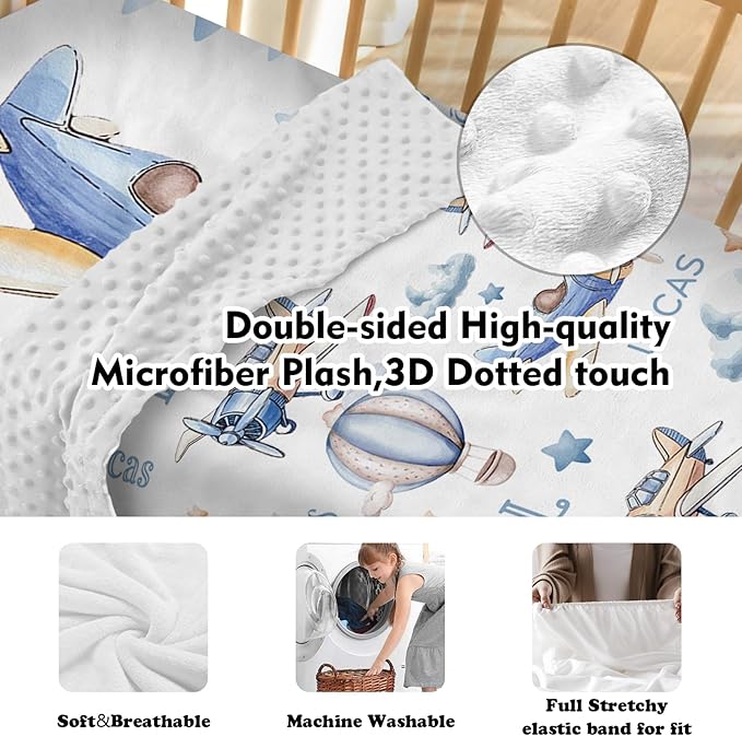 Personalized Baby Crib Bedding Set for Baby Boys Girls, Toy Airplane Pattern Custom Name Baby Crib Sets 5-Pcs, Toddler Double Layer Blanket Fitted Sheets Changing Pad Cover Rug Wall Art Set