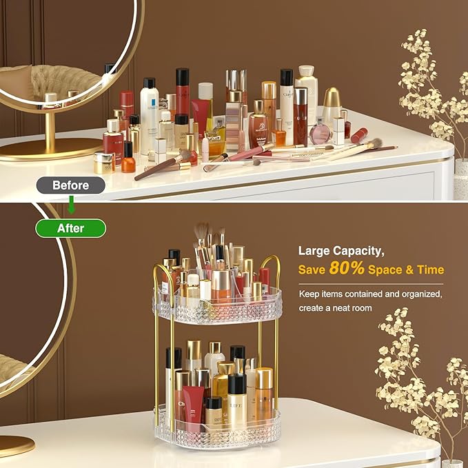Awenia Rotating Makeup Organizer 360, Stackable Adjustable Large Capacity Cosmetic Storage Unit,Dresser Bathroom Kitchen Countertop Organizer with Metal Handle, Plus Size (Clear, 2 Tier)