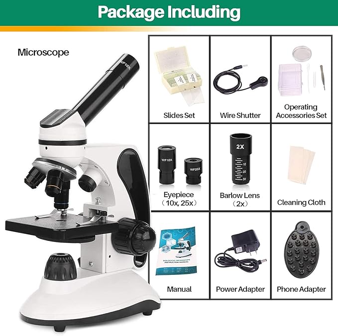 BNISE Microscope kit for Kids Adults Students, 40X-2000X Magnification, Prepared Slides Kit, Dual LED Illumination, All Glass Optics, and Cordless Capability for Children Beginner