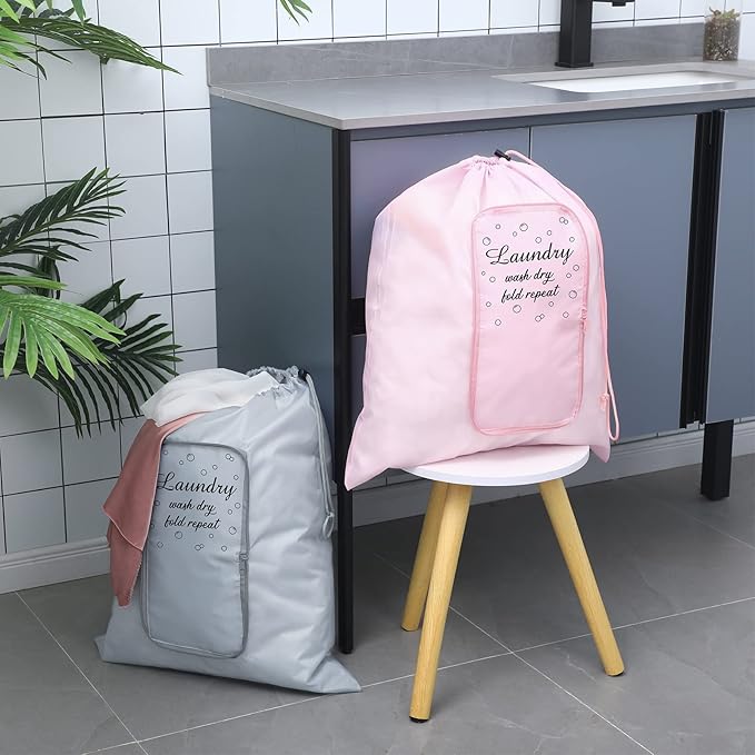 2 Pcs Travel Laundry Bag Washable Dirty Clothes Bag with Drawstring and Zipper for Suitcase, 22 x 18 Inch (Pink, Gray,Bubble)