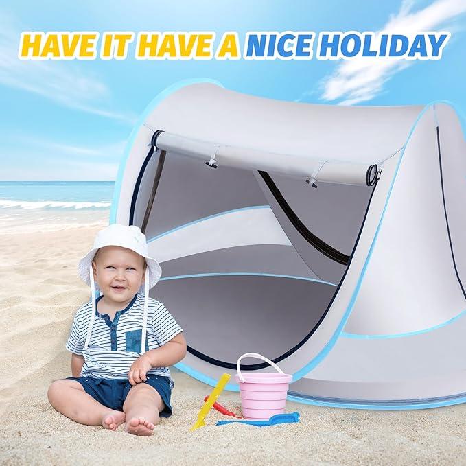 Baby Beach Tent with Baby Hat, Pop Up Toddler Travel Bed with Sun Hat for Boys or Girls, Sun Shade for Toddler Camping, Infant Portable Sun Shade, Summer Beach Baby