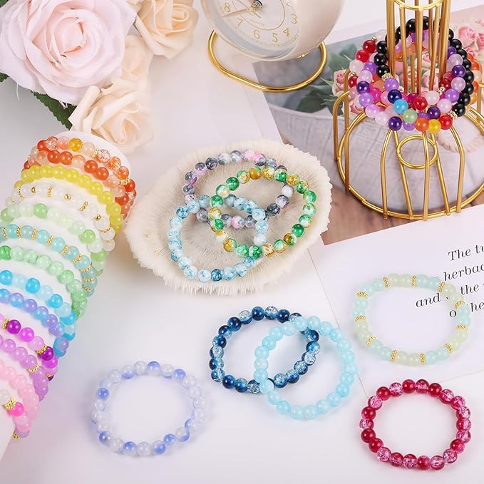 Funtopia 8mm Glass Beads Bracelet Making Kit, 1540pcs 70 Colors Crystal Beads for Jewelry Making, Round Glass Beads for Bracelets and DIY Crafts, Solid and Crackle Colors