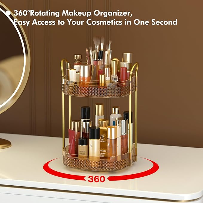 Awenia Rotating Makeup Organizer 360, Stackable Adjustable Large Capacity Cosmetic Storage Unit,Dresser Bathroom Kitchen Countertop Organizer with Metal Handle, Plus Size (Honorable Gold, 2 Tier)