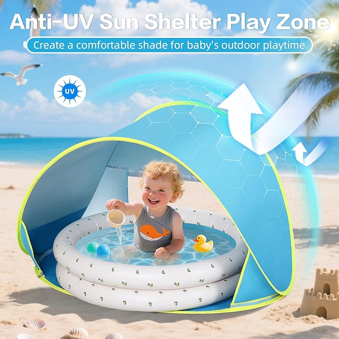 Baby Beach Tent Canopy: with Inflatable Kiddie Swimming Pool Toys - UPF50+ UV Protection Pop Up Sun Shelter Tent & Small Pool - Beach Essentials for Infant Toddlers