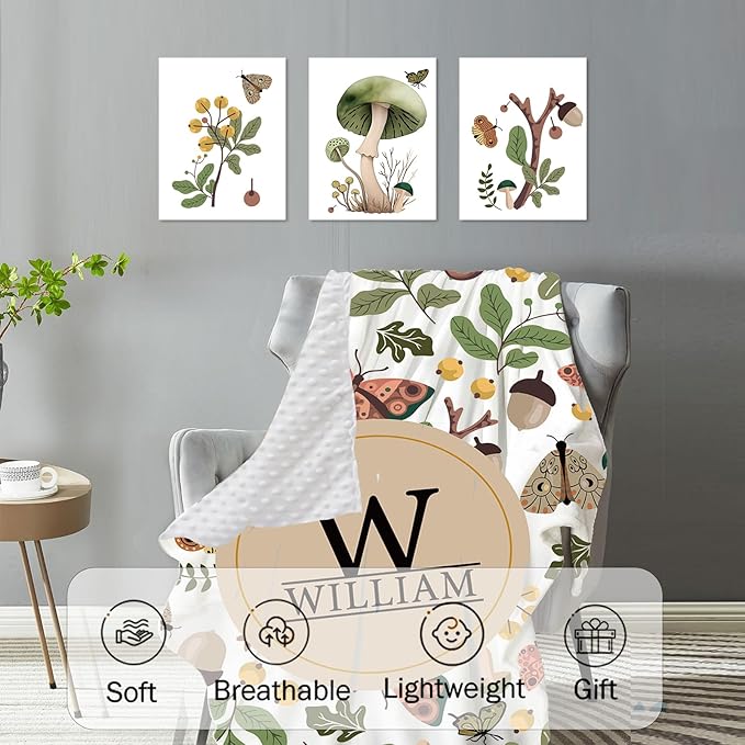 Personalized Baby Crib Bedding Set for Baby Boys Girls, Mushroom Design Custom Name Baby Crib Sets 5-Pcs, Toddler Double Layer Blanket Fitted Sheets Changing Pad Cover Rug Wall Art Set