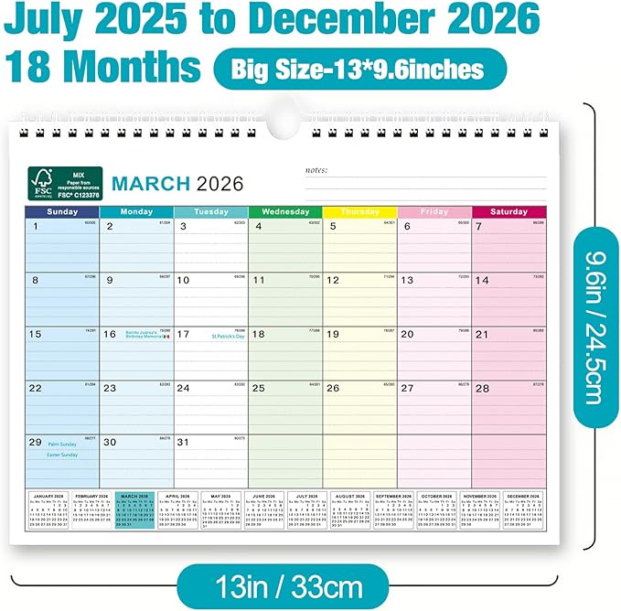 BOCT Wall Calendar 2025-2026 - Includes July 2025 to December 2026-18 Monthly Daily Planner 13 x 9.6 Inches, Julian Dates for New Year Christmas Gifts