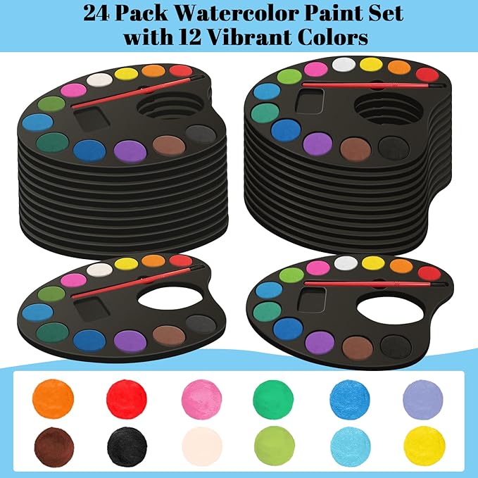 24 Pack Watercolor Paint Set Bulk, with 12 Vibrant Colors and 24 Brushes, Washable Water Color Paint Sets for Kids and Adults, Ideal Gift for Art Party Favors, School Classroom Supplies