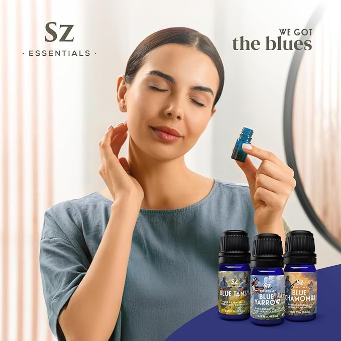 – “We Got The Blues” Essential Oils Set – Blue Tansy, Yarrow & German Chamomile – 3 x 6.5ml Bottles – 100% Pure, Natural, Undiluted – Therapeutic Grade & Vegan