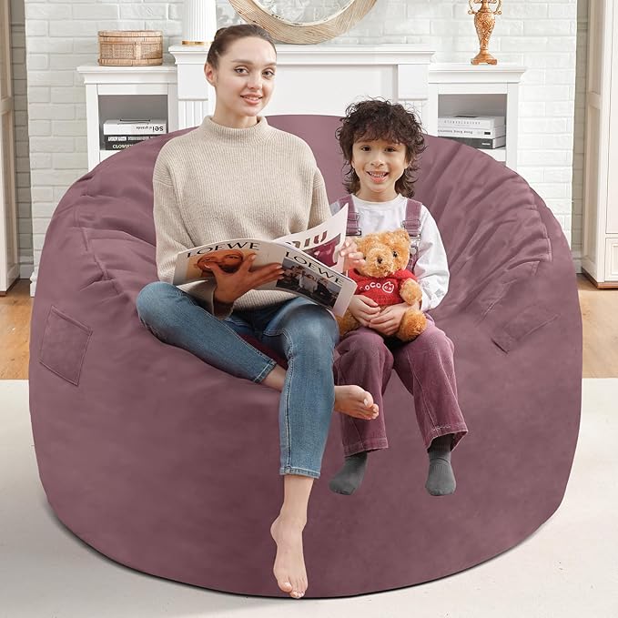 3FT Bean Bag Chair, Comfy Bean Bag Chairs with Memory Foam Filled, Fluffy Beanbag Sofa with Dutch Velvet Cover, Round BeanBag Chairs for Living Room, Playroom - Dusty Pink
