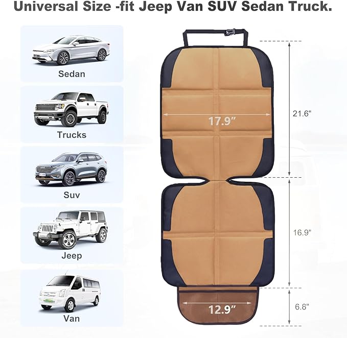 Car Seat Protector for Child Car Seat, 2 Pack Baby Car Seat Covers with Mesh Pockets & Non-Slip Backing 600D Durable Seat Protector (Brown, Standard)