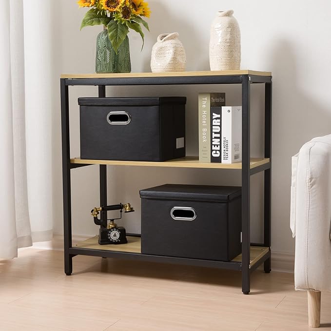 PRANDOM Foldable Storage Bins with Lids [5-Pack] Leather Fabric Collapsible Storage Boxes Organizer Containers Baskets Cube with Cover for Bedroom Closet Office Nursery Black (14.9x10.8x10)