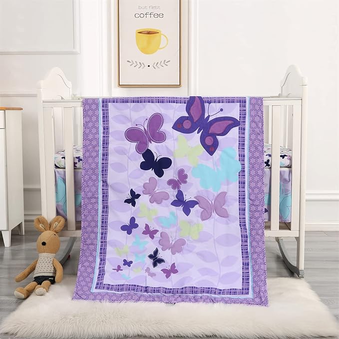 Wowelife Butterfly Crib Bedding Set for Girls 3 Piece Baby Girl Bedding Sets Purple Nursery Crib Sets Newborn, Infant &Toddler Include Quilted Comforter,Crib Skirt and Fitted Sheet, Purple