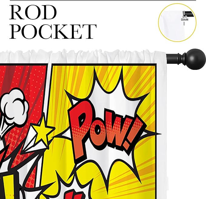 Superhero City Wars Explosion Rod Pocket Blackout Curtains for Boy Girl Bedroom, Colorful Comics Ar Home Energy Efficient Light Filtering Window Curtain for Living Room, 42x63 inch