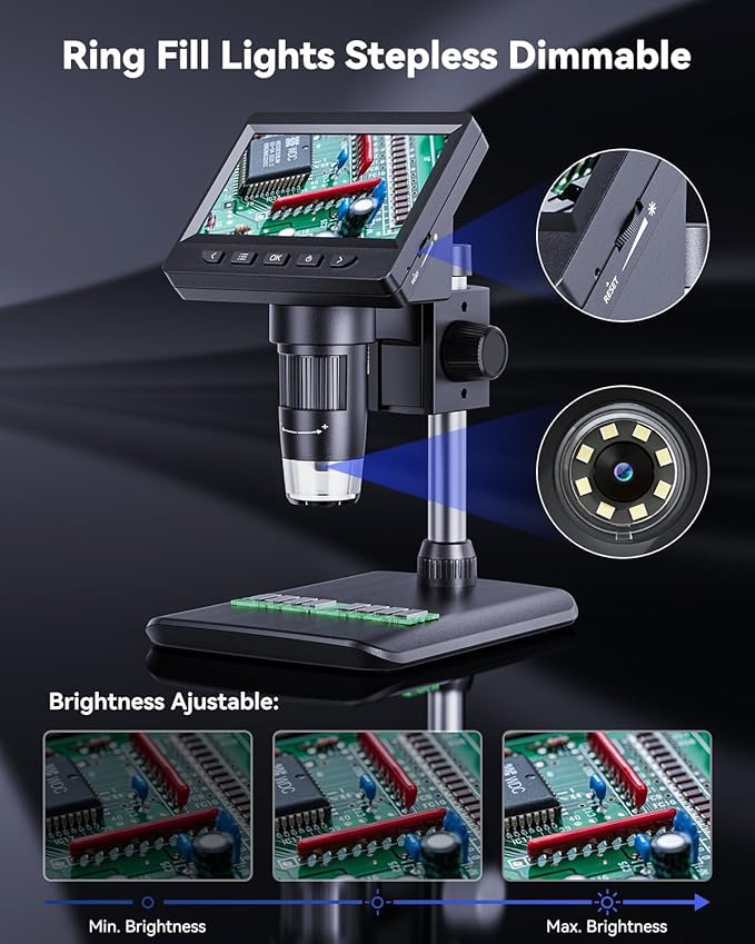 Digital Microscope, Coin Microscope with Light Adjustable Brightness 4.3" HD LCD Screen, 1000X Zoom PC View, Compatible with MacOS & Windows - Black