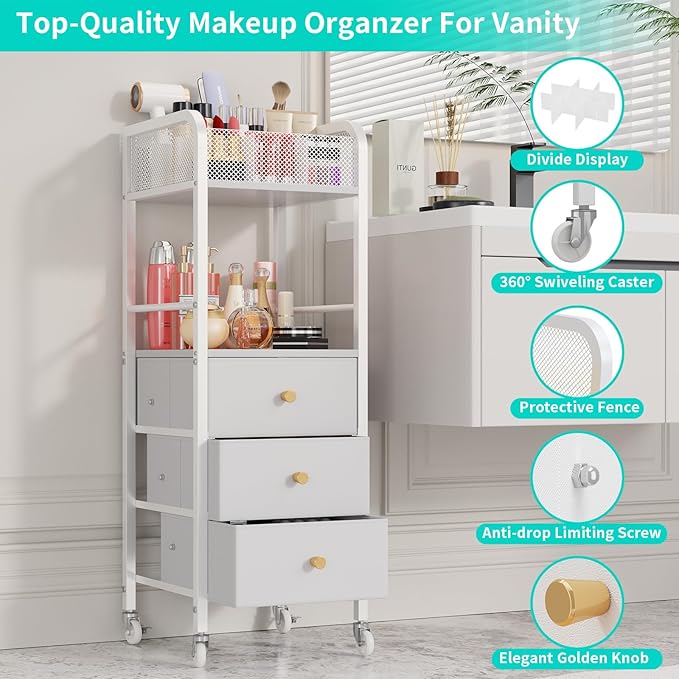 HapiRm Rolling Makeup Cart Organizer - Floor Skincare Make Up Storage with 3 Drawers, Vanity Organizer Cosmetic Display Cases Holder for Skin Care Perfume Nail Polish Brush Hair Tool, White
