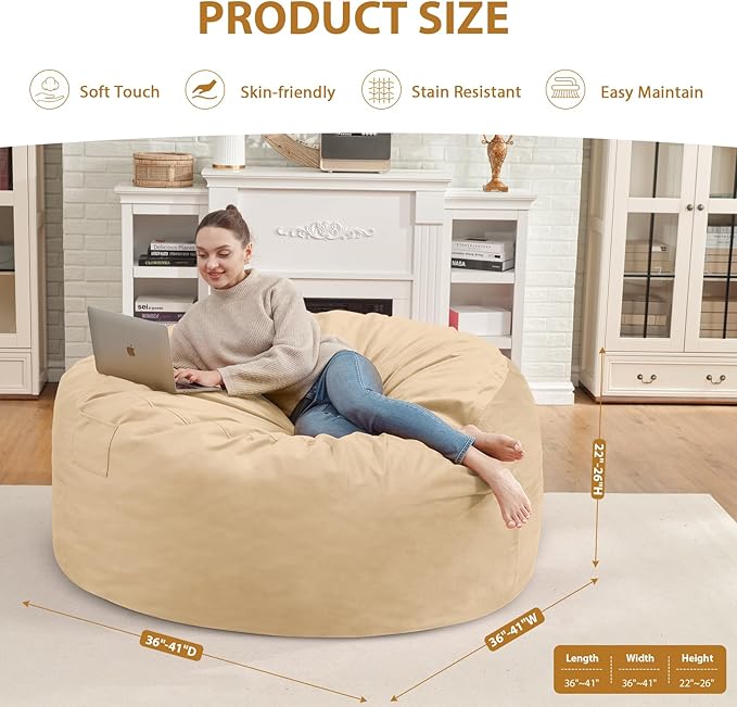 3FT Bean Bag Chair, Comfy Bean Bag Chairs with Memory Foam Filled, Fluffy Beanbag Sofa with Dutch Velvet Cover, Round BeanBag Chairs for Living Room, Playroom - Khaki