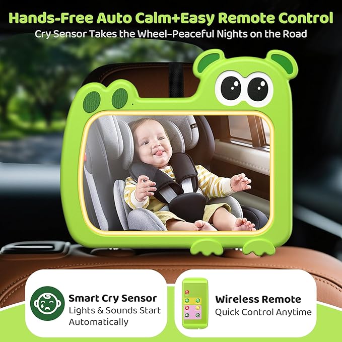 2-in-1 Baby Car Mirror with Lights & Soft Sounds, Cry Detector, Clear Night View, 360° Rotation, Shatterproof, Rear Facing Baby Car Seat Mirror with Remote Control, Perfect Baby Shower Gifts (Green)