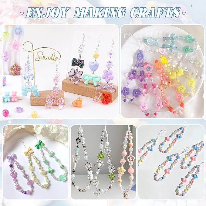 Assorted 400PCS 8 Mixed Colors Acrylic Beads for Bracelet Making, Flower Bow Butterfly GummyBear Aesthetic Bracelet Charms,Cute Beads for Jewelry Making DIY Necklace Keychain Phone Charm