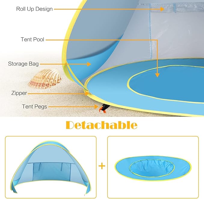 Baby Beach Tent Pop Up Beach Tent Baby Tent for Beach, Portable Shade Pool UV Protection Sun Shelter for Infant