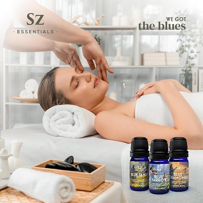 – “We Got The Blues” Essential Oils Set – Blue Tansy, Yarrow & German Chamomile – 3 x 6.5ml Bottles – 100% Pure, Natural, Undiluted – Therapeutic Grade & Vegan