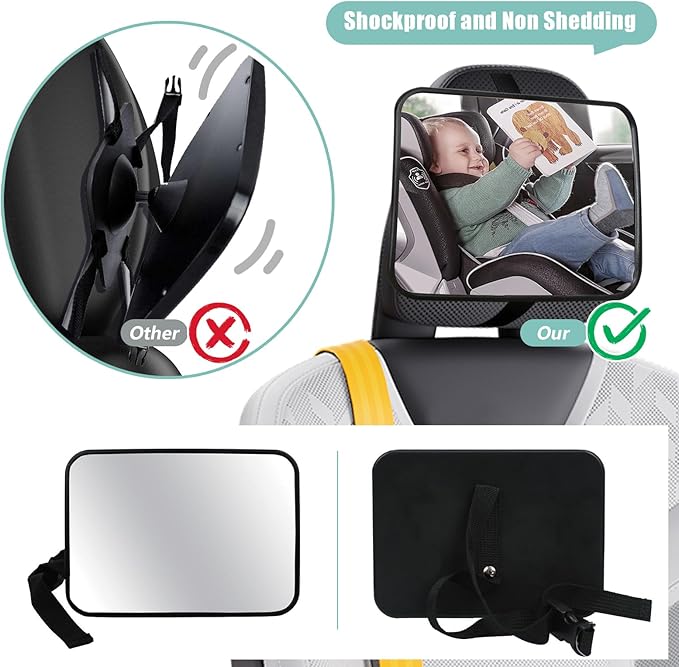 Baby Car Mirror, Universal Fit, Headrest Mount, Shatterproof, Stable, Easy Install, Compatible with Most Cars & SUVs