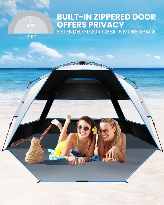OutdoorMaster Beach Tent with Blackout Shelter Technology, Portable Beach Shade Sun Shelter Canopy for 4-6 Person with UPF 50+ UV Protection, Easy Setup Pop Up Tent Family Size
